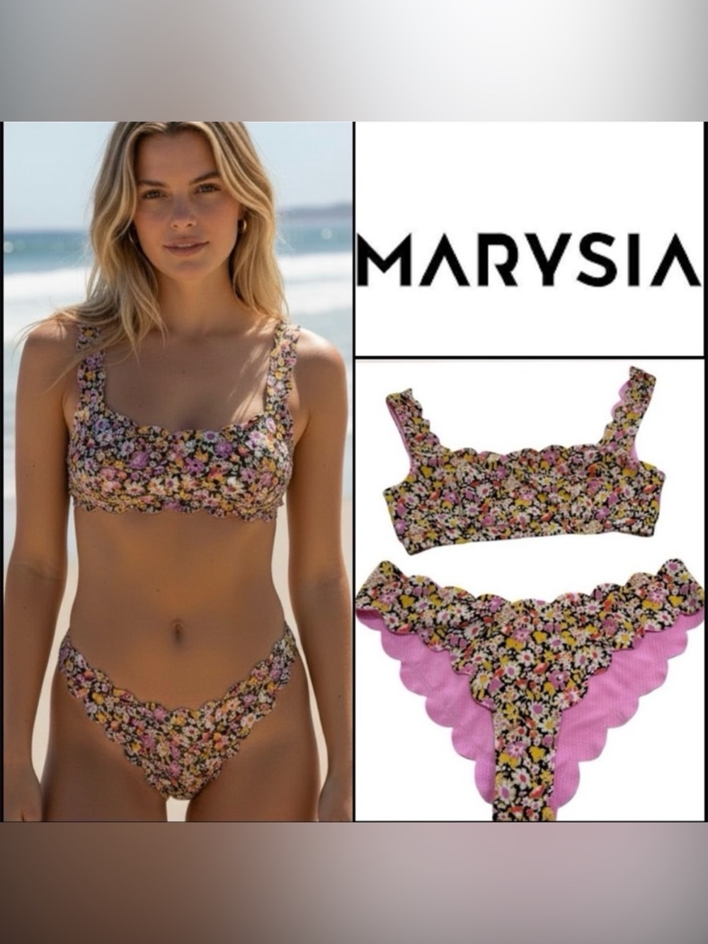 Marysia Pink and Black Floral Reversible Bikini Scalloped